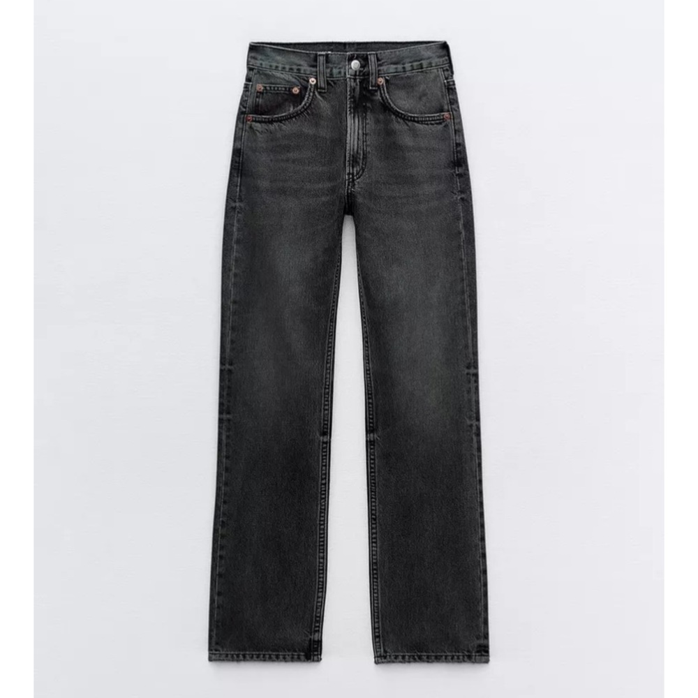 Zara Women's TRF Straight Leg High Waist Jeans, Washed Black (Anthracite Grey)